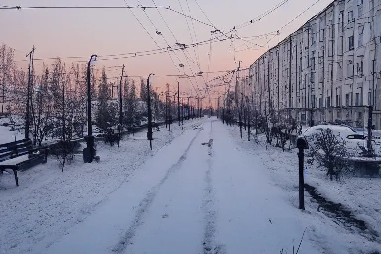Image similar to a iphone 6 photo of typical russian city yard at evening, dutch angle,