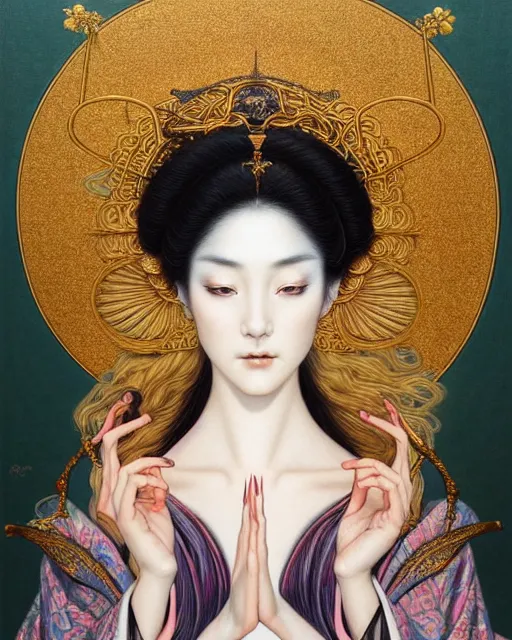 Image similar to portrait of a beautiful goddess of mercy, unusual beauty, esoteric, muted colors, head in focus, fantasy art, ornamental aesthetics intricate, elegant, highly detailed, hyperrealistic painting, artstation, concept art, painterly, sharp focus, illustration, art by chie yoshii