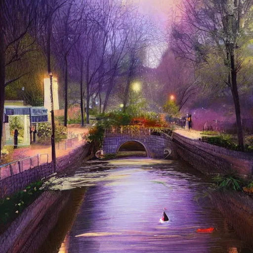 Image similar to Cosy waterway in city of the future in harmony with nature. Nice colour scheme, soft warm colour. Beautiful detailed painting by Lurid. (2022)