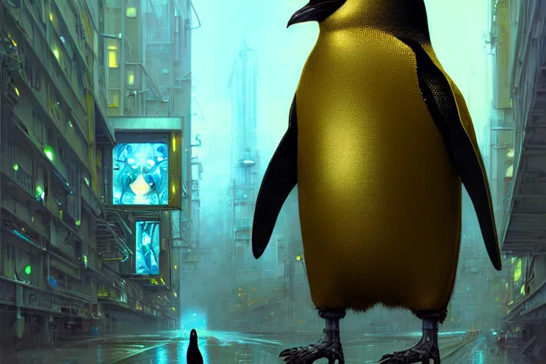 Prompt: A solarpunk very highly detailed Anthropomorphic cybertronic penguin with very highly detailed face on the street of a very highly detailed solarpunk sci-fi city digital rational painting art by Greg Rutkowski, sci-fi highly detailed, digital concept art, Dimensional cyan gold natural light, sharp focus, Golden Ratio illustration, realistic concept art by Stephen Hickman and James Gurney and Hiromasa Ogura Ghost in the Shell rendered in VRAY, From the distance