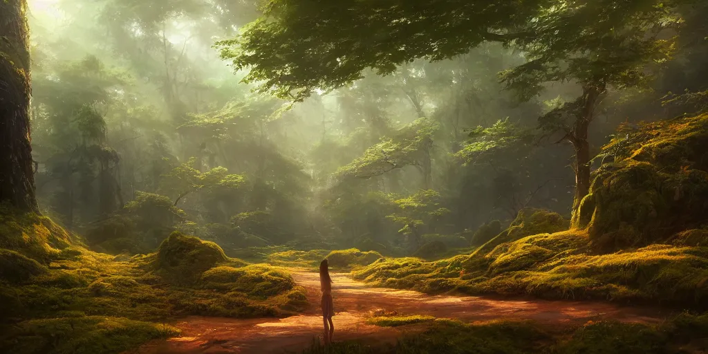 Prompt: a forest, highly detailed oil painting, Jessica Rossier, Studio Ghibli, Bruce Pennington, digital art, octane render, beautiful composition, trending on artstation, masterpiece