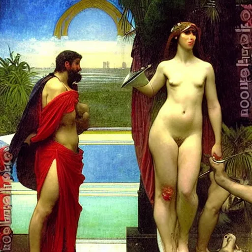 Image similar to Justice with a blood dripping chalice at the palace, thunderstorm, greek pool, beach and palm trees on the background major arcana sky, by paul delaroche, alphonse mucha and arnold böcklin arnold böcklin hyperrealistic 8k, very detailed