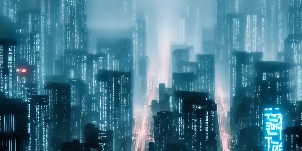 Image similar to megacity streets seen from above, neon signs, giant screens, eerie fog, blade runner, ex machina