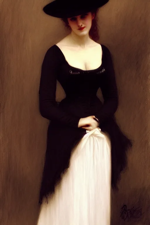 Prompt: victorian vampire in a big black hat, white dress, painting by rossetti bouguereau, detailed art, artstation