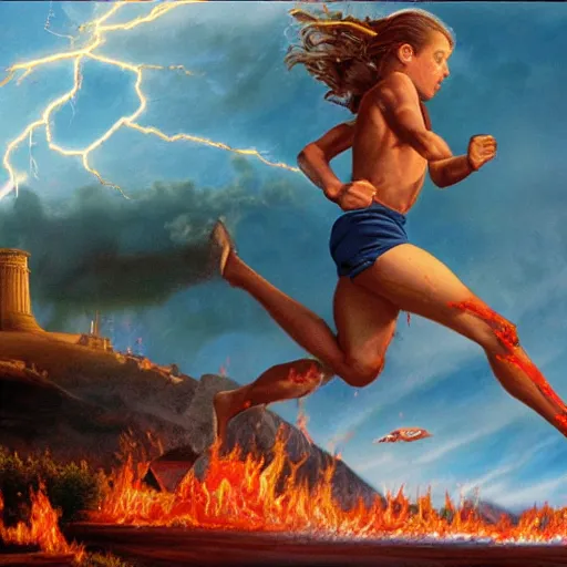 Image similar to a running child surrounded covered, lightning, vapor, mist, smoke, blood drops, fire, a highly detailed matte painting by John Philip Falter and Jason Edmiston