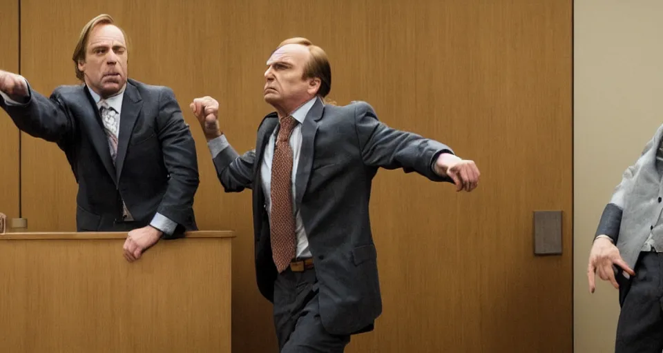 Prompt: saul goodman fighting michael mckean in court, still from better call saul