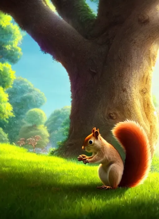 Image similar to a wholesome animation key shot of a squirrel, oak tree in the background, studio ghibli, pixar and disney animation, sharp, rendered in unreal engine 5, anime key art by greg rutkowski, bloom, dramatic lighting