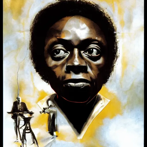 Prompt: The horror of Miles Davis' eyes, by Dave McKean, no borders, high quality, 8k, trending on Artstation, surreal