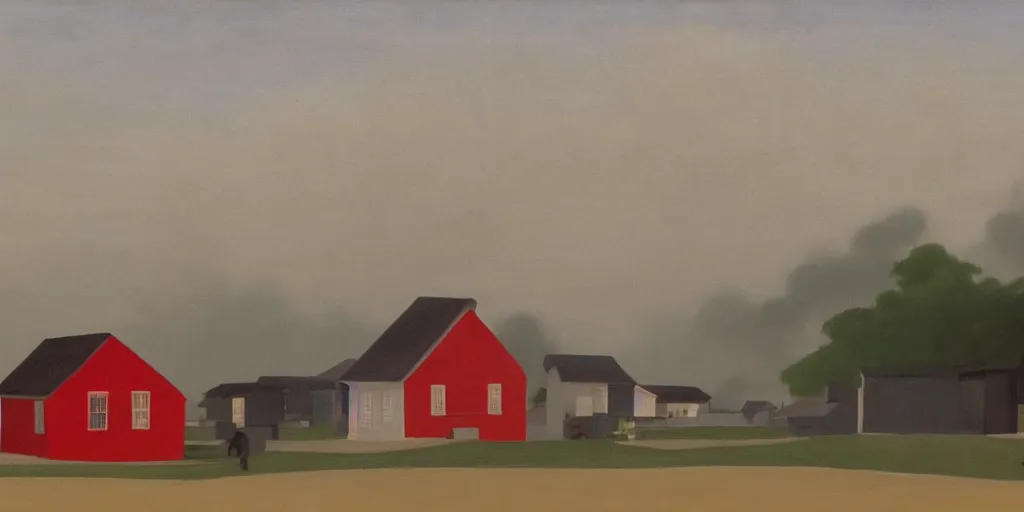 Image similar to In the foreground is a small red house, and in the background is the smoky Shanghai City, George Ault painting style.