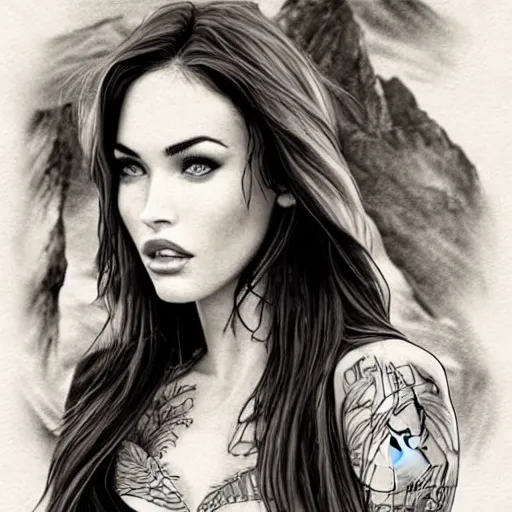 Prompt: realism tattoo sketch of double exposure megan fox, on beautiful mountain scenery, in the style of andrey lukovnikov