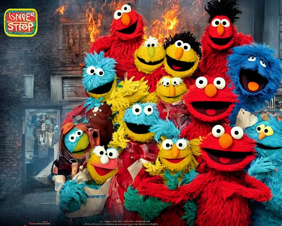 Prompt: a horror movie poster featuring sesame street on fire 10