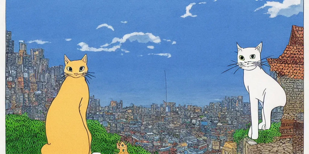 Image similar to sri lankan cat looking at the city, drawn by hayao miyazaki