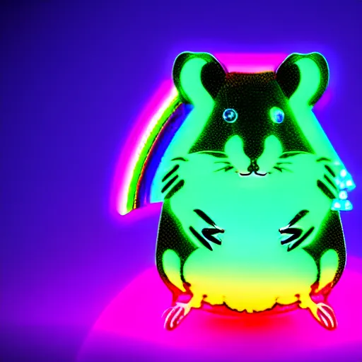 Image similar to cyberpunk hamster made of glowing neon lights holding a rainbow gem crystal, light reflection, 8 k, hd, logo