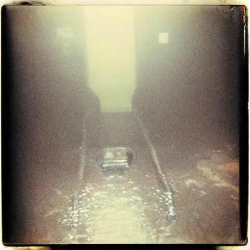 Image similar to flooded subway entrance, dark, liminal space, eerie, old polaroid,