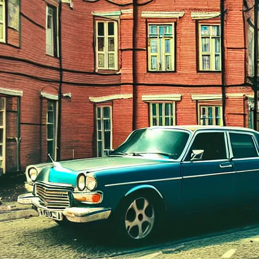 Image similar to low angle shot of right corner of russian car in soviet yard with block of flats, low grain film, masterpiece, blur, in style of william egglestone