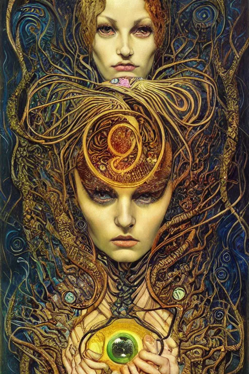 Image similar to Rebirth by Karol Bak, Jean Deville, Gustav Klimt, and Vincent Van Gogh, portrait of a sacred serpent, Surreality, otherworldly, fractal structures, arcane, ornate gilded medieval icon, third eye, spirals