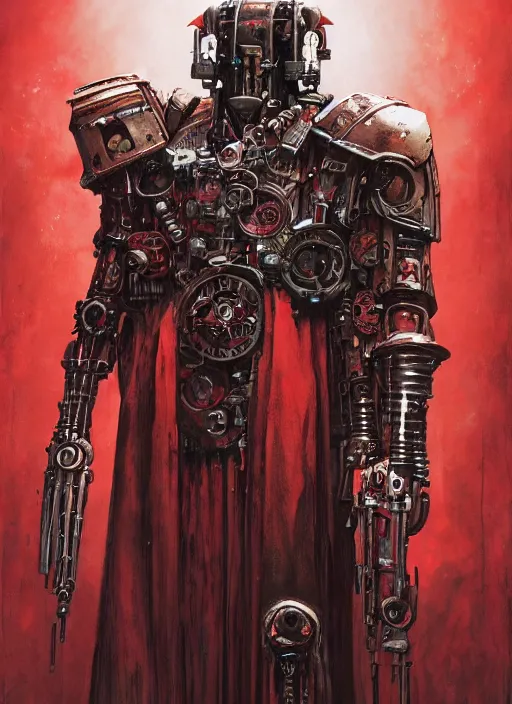 Prompt: portrait of rotten flash head adeptus mechanicus in red hood and robe from Warhammer 40000. Highly detailed, artstation, illustration by and John Blanche and zdislav beksinski and wayne barlowe