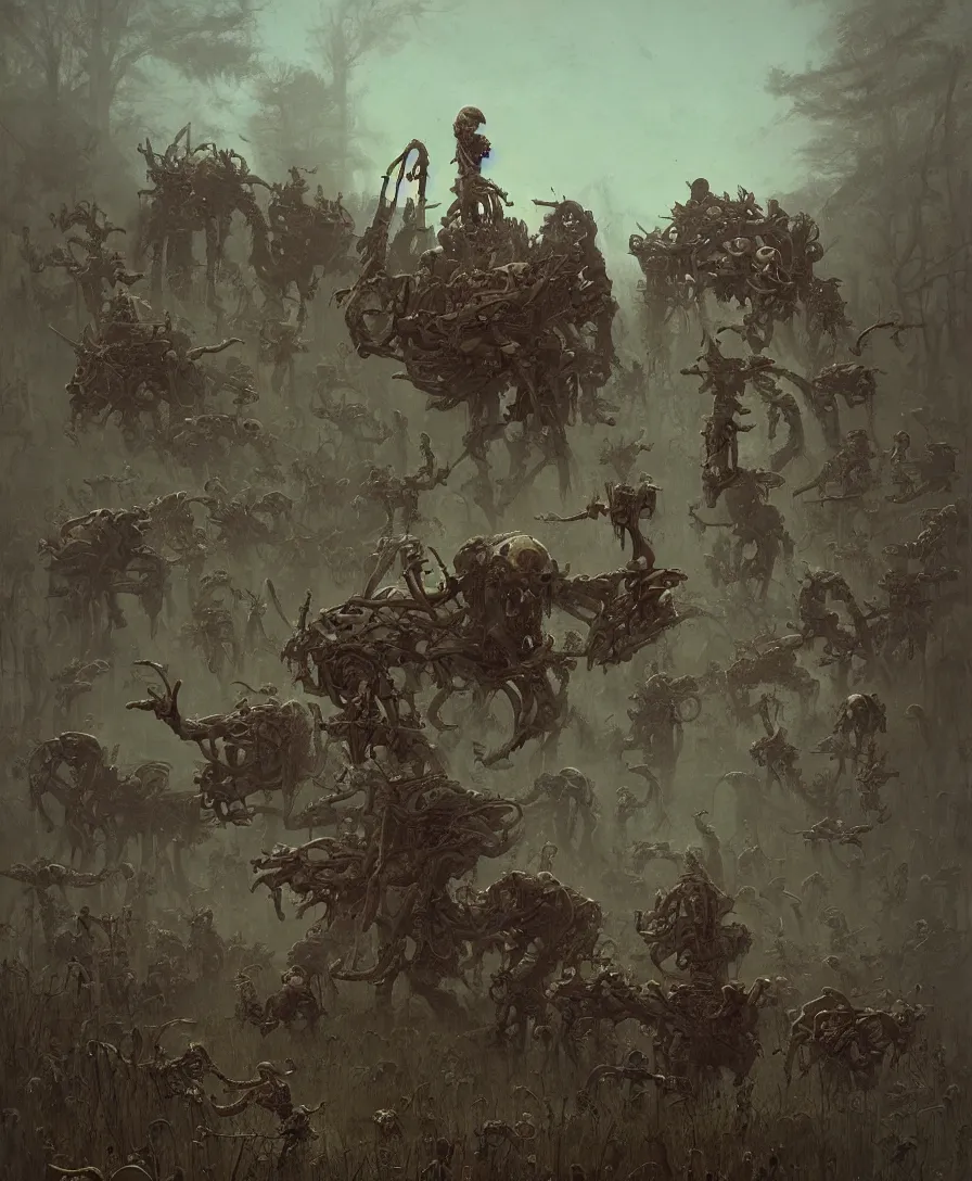 Prompt: Pick Up Behind You, skulls and bones, illustrated by Simon Stålenhag and Gaston Bussiere, intricate, ultra detailed, photorealistic, trending on artstation
