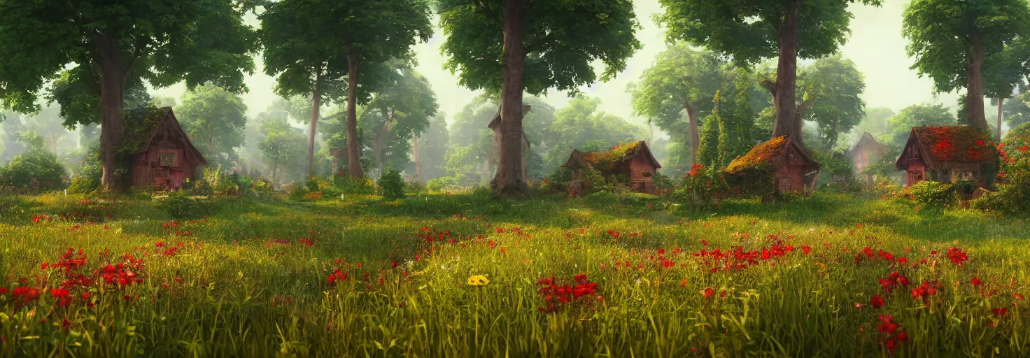 Image similar to a beautiful forest meadow village landscape flowers, crimson - black beehive, happy trees, photorealistic, octane render, rtx, hdr, unreal engine, digital art widescreen 8 k in the style of studio ghibli and bob ross and pixar and bee movie