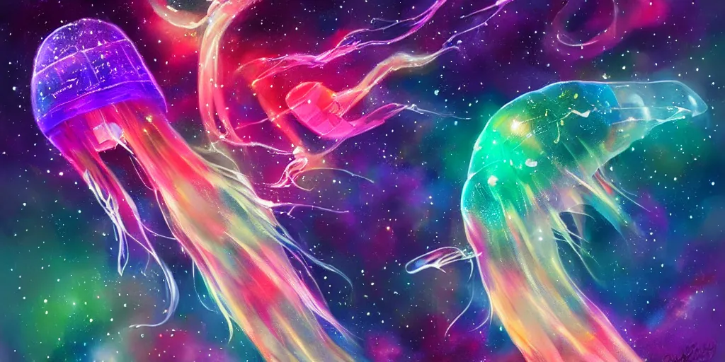 Prompt: Beautiful multi colored jellyfish in space, nebula, gorgeous, amazing, elegant, intricate, highly detailed, digital painting, artstation, concept art, sharp focus, illustration, art by Ross tran