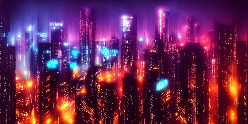 Image similar to megacity seen from above, neon signs, giant screens, eerie fog, blade runner, ex machina