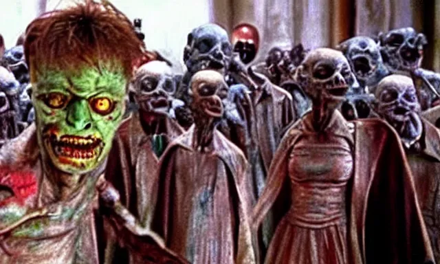 Prompt: full - color cinematic movie still from a 1 9 8 7 horror film by clive barker featuring cenobites welcoming people to the hellish underworld. creepy ; terrifying.