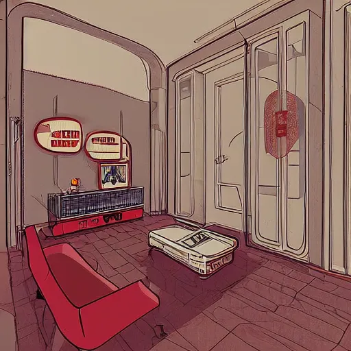 Image similar to soviet apartment interior by moebius, flat shading, cartoon illustration, trending on artstation