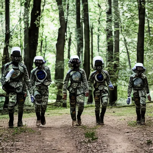 Image similar to a squad of space scouts wearing camo uniforms with white armor and helmets exploring a forest planet