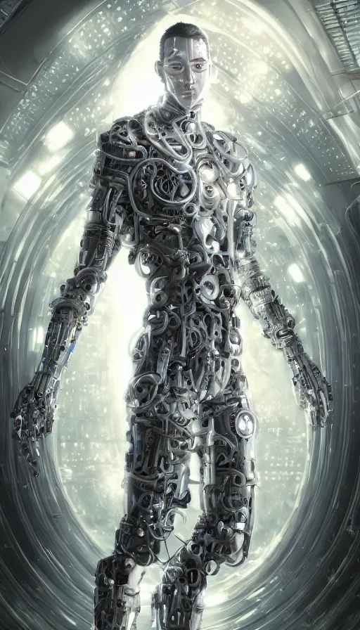 Image similar to full body head to toe portrait of a cyberpunk sci-fi cyborg netrunner bionic man, third person, D&D, sci-fi fantasy, matrix , intricate, white with shiny silver and chartruse fringe highlights, highly detailed, art by Range Murata, highly detailed, 3d, octane render, bright colors, digital painting, trending on artstation, sharp focus, illustration style of Stanley Artgerm, dramatic background