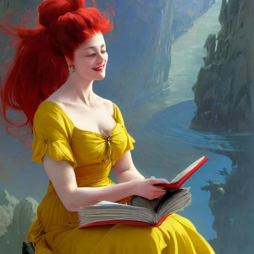 Prompt: a smiling beautiful woman with red hair in a bun wearing a yellow dress and reading a book, masterpiece, intricate, elegant, highly detailed, digital painting, artstation, concept art, smooth, sharp focus, illustration, art by artgerm and greg rutkowski and alphonse mucha and uang guangjian and gil elvgren and sachin teng, symmetry!!