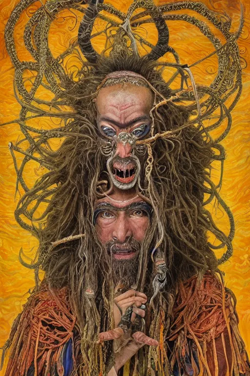 Image similar to a high hyper - detailed painting with complex textures, of an oriental shaman with tangled hair and a terrifying mask, wears a tunic vs. barefoot and has a cane, he is performing a ritual to access the world of imagination and dreams, cosmic horror spiritual visionsrio psychedelic weird bizarre art