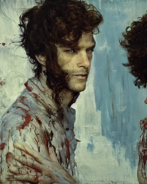 Image similar to two handsome but creepy siblings in layers of fear, with haunted eyes and wild hair, 1 9 7 0 s, seventies, wallpaper, a little blood, moonlight showing injuries, delicate embellishments, painterly, offset printing technique, by coby whitmore, jules bastien - lepage