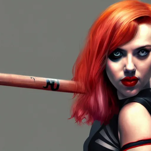 Image similar to Scarlett Johansson as Harley Quinn, holding bat, digital, artstation, cgsociety, 4k, high detail