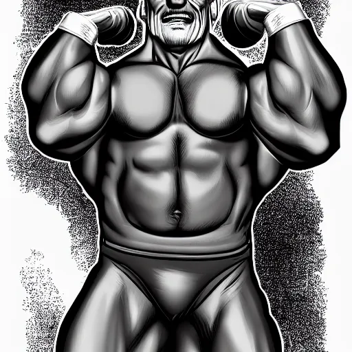 Prompt: a picture of the body of hulk hogan with the head of patrick stewart, viewed from far away, lifting weights, sharp focus, vector, 4 k, by victor mapplethorpe