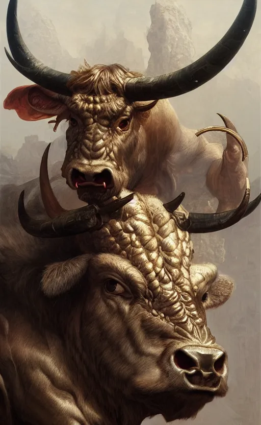 Image similar to a detailed portrait of minotaur, monster half child half bull, concept art, deep focus, intricate, highly detailed, digital painting, artstation, matte, sharp focus, illustration, art by greg rutkowski and alphonse mucha