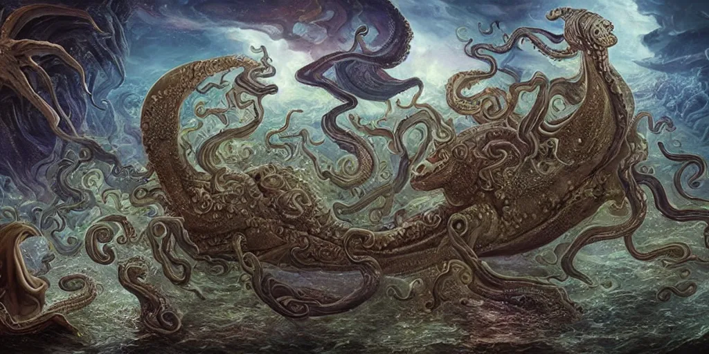 Image similar to Mythic Island, center Universe, Fantasy fairytale, Great Leviathan Turtle, cephalopod, Cthulhu Squid, hybrid, accompany Cory Chase, Blake Lively, Anya_Taylor-Joy, Grace Moretz, Halle Berry, Mystical Valkyrie, Anubis-Reptilian, Atlantean Warrior, hybrid, intense fantasy atmospheric lighting, hyperrealistic, François Boucher, Michael Cheval, Cozy, hot springs hidden Cave, candlelight, natural light, lush plants and flowers, Spectacular Mountains, bright clouds, luminous stellar sky, outer worlds, Jessica Rossier, michael whelan, William-Adolphe Bouguereau, HD,