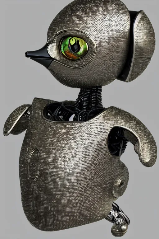 Image similar to robot duck concept portrait, visible screws and wires, 3 d metallic ceramic, detailed, sharp focus, pastel, intricate, realistic, smooth, volumetric lighting, digital painting, by miyazaki