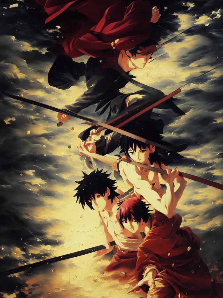 Image similar to baroque oil painting of key visual ninja duel, rain, rule of thirds golden ratio, fake detail, trending pixiv fanbox, acrylic palette knife, style of makoto shinkai takashi takeuchi yoshiyuki sadamoto greg rutkowski