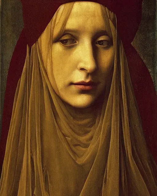 Prompt: a painting of a woman with a veil on her head, a detailed painting by antonello da messina, behance, pre - raphaelitism, pre - raphaelite, da vinci, fresco