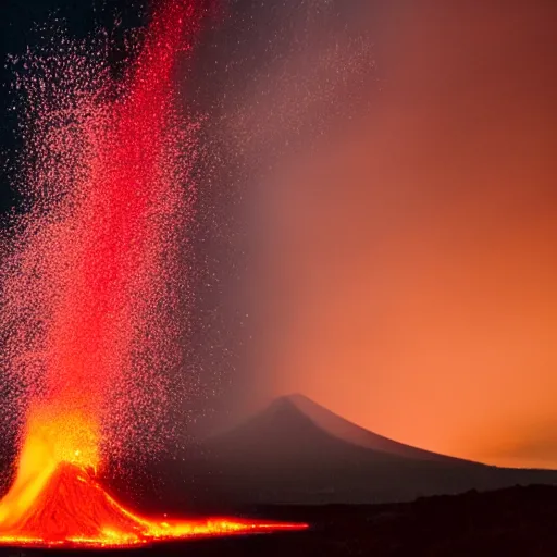 Prompt: erupting volcano surrounded by a sea of red glowing in the night