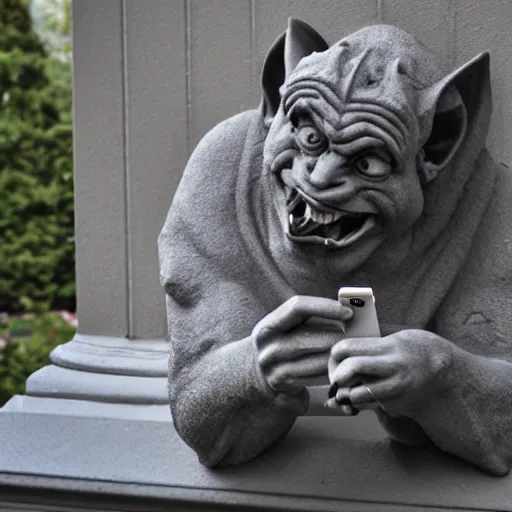 Prompt: a gargoyle using an ipad, happy expression