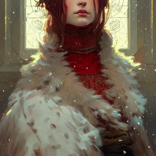 Prompt: hyperdetailed portrait of beautiful red - armored girl winter, digital painting, sharp foccus ilustration, artstation hq. intricate, elegant. wlop, greg rutkowski, alphonse mucha,. dan mumford. incredible background by repin. full height. decollage. assemblange. cgsociety. impressionism