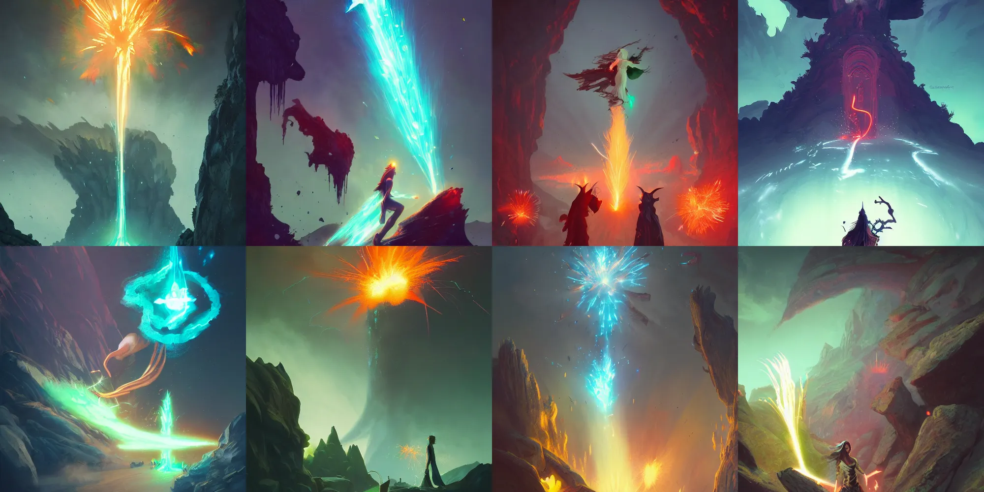 Prompt: sorceress, volcano, flying sparks, green light, magic, portal, rock city, by greg rutkowski, loish, trending on artstation