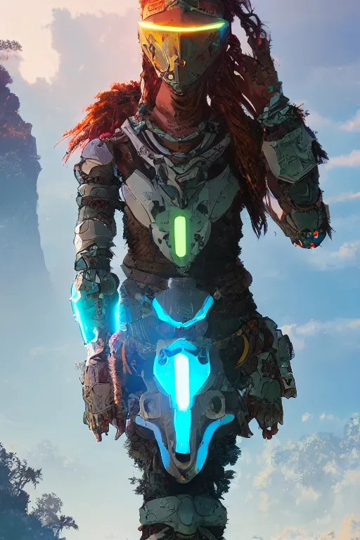 Image similar to combination suit armor aloy horizon forbidden west horizon zero dawn radiating a glowing aura global illumination ray tracing hdr fanart arstation by ian pesty and alena aenami artworks in 4 k tribal robot ninja mask helmet backpack