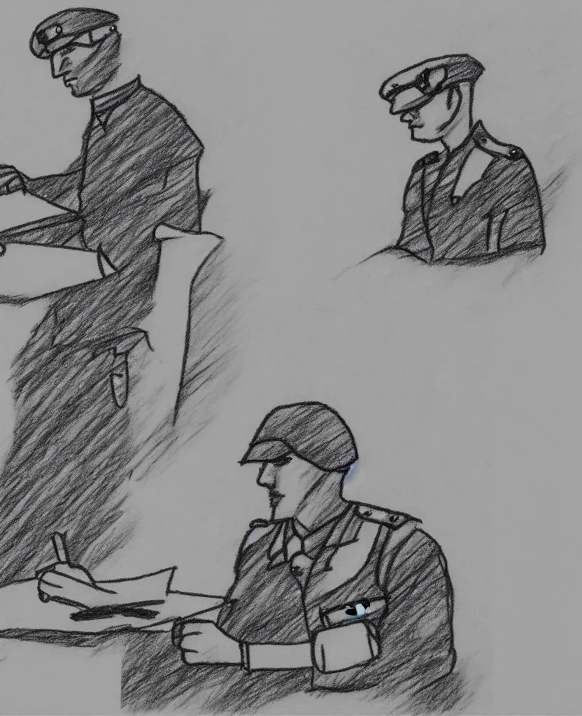 Image similar to cog video still frames of a drawing of a soldier writing a letter to home, in wwii, stop motion, minimal, black and white