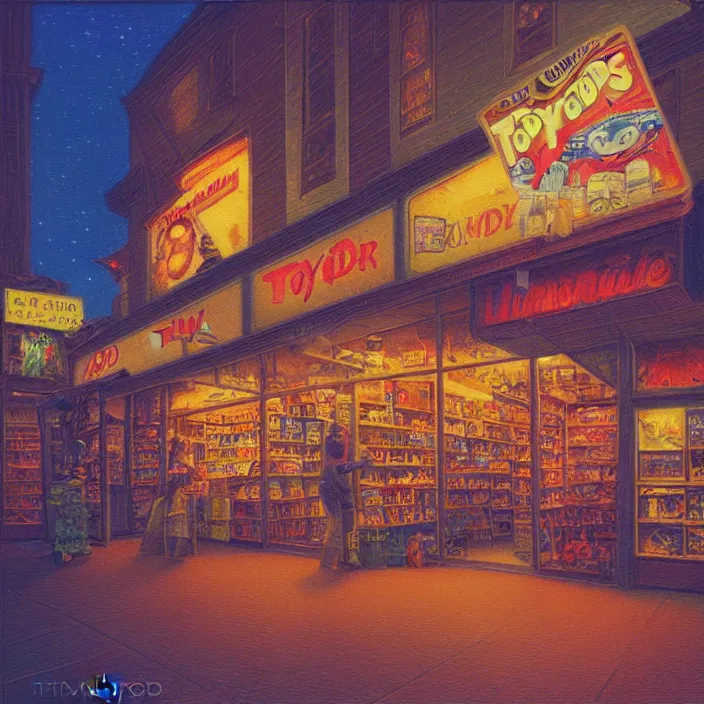 Prompt: liminal polaroid of a toystore at night, art by tim hildebrandt, deep depth of field. highly detailed, hyper realism, hd, 4 k