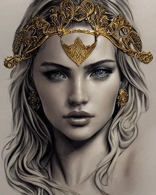 Image similar to tattoo sketch of hot blonde super model as aphrodite greek goddess wearing a gold laurel wreath and triangle earrings, beautiful piercing gaze with sharp pupils, in the style of greg rutkowski, fantasy, amazing detail, epic, elegant, smooth, sharp focus, front view