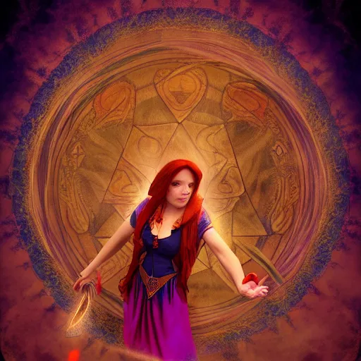 Image similar to female mage is casting a magic spell, fantasy, D&D, HDR, digital art , award winning photograph, 8k, Mucha style,