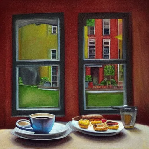 Image similar to “ photorealistic painting of a breakfast table with a steaming cup of coffee and a newspaper. the window behind it shows a colorful neighborhood with sun shining in the window ”