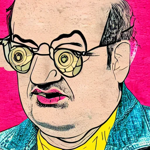Prompt: salman rushdie in the style of daniel johnston and outsider art, 4 k, overlaid with arabic text